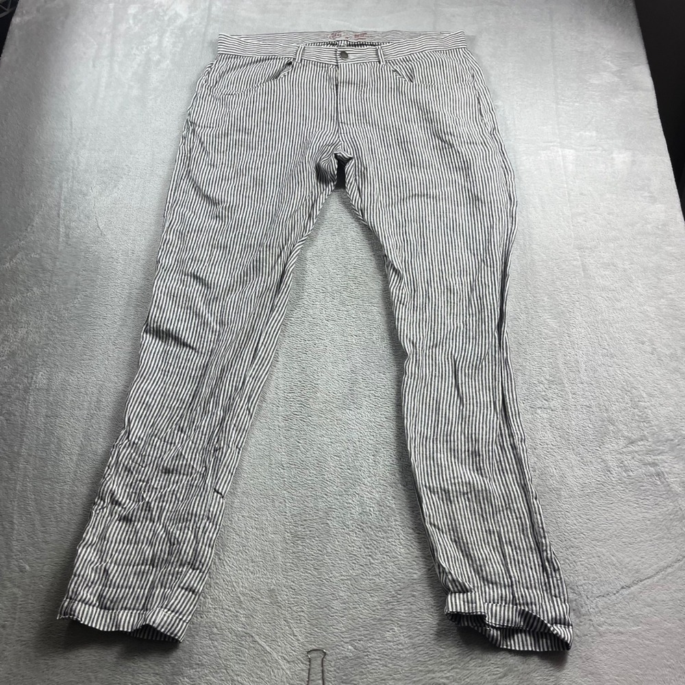 Alex Crane Bo Pants Mens 36 Blue White Striped 100% Linen Straight Leg Trousers